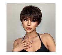 Parrucche Parrucche sintetiche castano scuro a taglio corto Parrucca a strati dritta naturale con frangia soffice for capelli resistenti al calore quotidiani da donna Parrucca