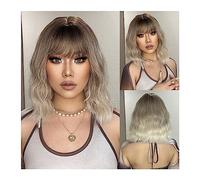 Parrucche Parrucche sintetiche Ombre bionde grigie ondulate corte da 14 pollici con frangia Cosplay Parrucca castano cenere for donne Capelli resistenti al calore naturali quotidiani Parrucca Donna