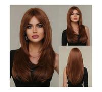 Parrucche per capelli Long Brown Layered Synthetic Wigs With Bangs Caramel Straight Wig Mixed Blonde Highlights Heat Resistant Fibre(Yellow)