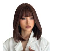 Parrucche per capelli medio lunghi per donne signore caschetto marrone con frangia capelli sintetici lisci naturali 16 pollici, tutti i giorni o travestimento di Halloween