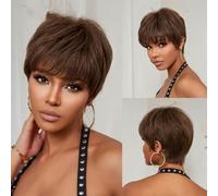 Parrucche per capelli umani con pizzo frontale, parrucche corte con frangia, parrucca liscia a strati marrone per donne afro nere, pizzo trasparente HD-HTWIG002-1