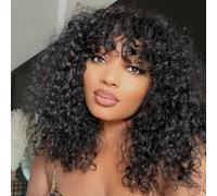 Parrucche Per Capelli Umani Curly Short Bob Wig With Bangs 180% Density Kinky Curly Human Hair Wig Glueless Human Hair None Lace Front Wigs for Women Parrucche Ricci Nera Corte Con Frangia 14 Inch