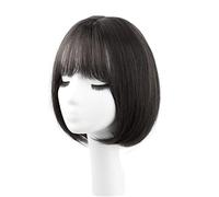 Parrucche per donna in capelli umani neri, corte e lisce, con frangia, parrucca corta nera naturale, per cosplay, feste quotidiane,Mixed Silk-A2