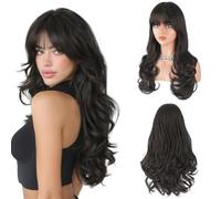 Parrucche per donne Parrucca da donna con frangia e onde scalate, copertura dei capelli ricci(Nero)