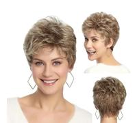 Parrucche per donne Parrucca sintetica naturale corta dorata a strati con frangia soffice Afro Quotidiano Resistente al calore-Marrone