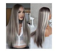 Parrucche per la Donna Capelli lisci lunghi Biondo cenere Mette in evidenza Parrucche di pizzo Attaccatura dei capelli naturale Pre pizzicata Parte a T Glueless Parrucche sintetiche resistenti al calo