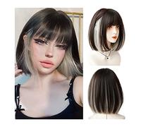 Parrucche per la Donna Parrucca caschetto corta con frangia, parrucche caschetto dritte Capelli castani con riflessi biondi, parrucca in fibra sintetica resistente al calore dall'aspetto naturale for