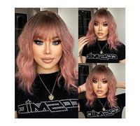 Parrucche per la Donna Parrucca caschetto corto rosa ombre con frangia Parrucche sintetiche ricce radici scure for donna Spalla lunga Cosplay Capelli quotidiani resistenti al calore Costume/Parrucca q