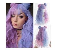 Parrucche per la Donna Parrucca riccia ondulata lunga con frangia e chignon piccolo, parrucca riccia viola mista blu rosa Lolita Parrucche sintetiche for feste cosplay for ragazze e donne Costume/Parr