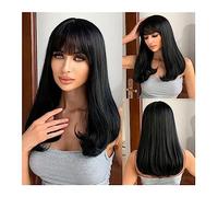 Parrucche per la Donna Parrucca sintetica diritta nera di media lunghezza Parrucche di capelli neri dall'aspetto naturale con frangia Capelli resistenti al calore for la festa quotidiana delle donne C