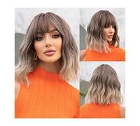 Parrucche per la Donna Parrucche corte ricce castano cenere con radice scura, parrucca corta ondulata sintetica con frangia Capelli naturali Ombre resistente al calore Parrucca for donna ragazza Costu