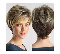 Parrucche per la Donna Soffici parrucche corte a taglio pixie for donne bianche Radice scura Ombre Parrucche sintetiche bionde marroni Parrucche capelli corti a strati dall'aspetto naturale con frangi