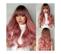 Parrucche per le Donne Parrucche rosa grigio con frangia, parrucche rosa ondulate lunghe 26" con radice scura for donna, parrucche sintetiche resistenti al calore for tutti i giorni/cosplay/feste per