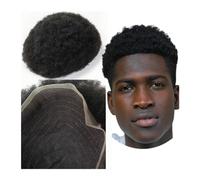 Parrucche per uomo #1 Jet Black Afro Toupee for uomo 8x10 pezzi di capelli Parrucchino da ricambio Sistema pizzo for umani veri al 100% europeo