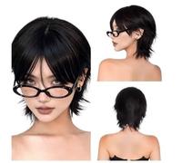 Parrucche pronte da indossare Parrucca nera a vita alta, capelli corti, frangia di otto personaggi, stile neutro, vera copertura completa della testa, abbigliamento quotidiano(A)