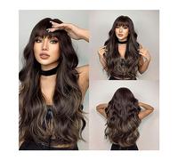 Parrucche pronte da indossare Parrucche sintetiche a onde lunghe marrone scuro con frangia Parrucca di capelli finti ondulati in platino misto naturale for donne resistenti alle feste quotidiane