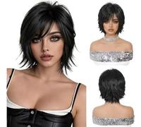 Parrucche realistiche Parrucca nera a vita alta, capelli corti, frangia di otto personaggi, stile neutro, vera copertura completa della testa, abbigliamento quotidiano Acconciatura femminile(B)