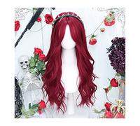 Parrucche realistiche Parrucca riccia ondulata lunga con capelli sintetici frangia, parrucca rossa parte centrale for resistente al calore Lolita Cosplay Acconciatura femminile