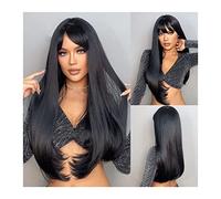 Parrucche realistiche Parrucca sintetica lunga e dritta con frangetta, parrucche per capelli grigio nero scuro per le donne, morbide comode resistenti al calore a strati fibra per cosplay/uso