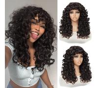 Parrucche ricce in fibra chimica con frangia, resistenti al calore, sintetiche, color cioccolato, da 18 pollici, capelli arriccati e voluminosi, facili da indossare, adatte per principianti Fibra ad a