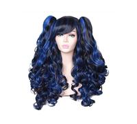 Parrucche ricce lunghe con frangia Capelli sintetici con 2 code di cavallo | Parrucca cosplay riccia lunga for capelli sintetici da donna Parrucche di Halloween con 2 code di cavallo(Black mix blue)