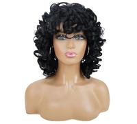 Parrucche ricce per donne nere, morbide, nere, corte, ricce con frangia, afro, riccioli sciolti, parrucca sintetica resistente al calore per donne afroamericane, 12 pollici