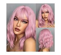 Parrucche Rosa Chiaro Corto Ondulato Parrucche Sintetiche con Frangia Cosplay Parrucca Naturale Lunghezza Spalle Per Donne Afro Parrucche In Fibra Resistente Al,