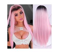 Parrucche rosa ombré, lunghe e lisce, parrucche rosa per donne bianche, parrucca lunga e liscia in seta, parrucca lunga e liscissima con riga centrale, parrucca sintetica,Ombre Pink-Hairnet