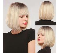 Parrucche sintetiche bionde bianche grigie con frangia Parrucca per capelli corti lisci per le donne Cosplay Capelli naturali quotidiani resistenti al calore-SS176-1