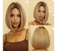Parrucche sintetiche castane bionde ombré corte e lisce per donne con riga centrale, cosplay di Lolita, capelli naturali, fibra resistente al calore-parrucche-LC2015-1