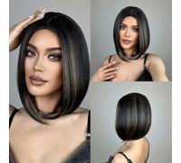 Parrucche sintetiche castane bionde ombré corte e lisce per donne con riga centrale, cosplay lolita, capelli naturali, fibra resistente al calore-parrucche-LC2038-1