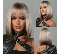 Parrucche sintetiche castane bionde ombré corte e lisce per donne con riga centrale, cosplay lolita, capelli naturali, fibra resistente al calore-parrucche-LC2067-1