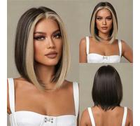 Parrucche sintetiche castane bionde ombré corte e lisce per donne con riga centrale, cosplay lolita, capelli naturali, fibra resistente al calore-parrucche-LC2004-1