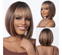 Parrucche sintetiche castane bionde ombré corte e lisce per donne con riga centrale, cosplay lolita, capelli naturali, fibra resistente al calore-parrucche-LC2132-1