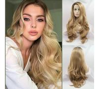 Parrucche sintetiche con attaccatura frontale in pizzo biondo dorato naturale per donne uso quotidiano ondulate lunghe resistenti al calore capelli in fibra naturale parte laterale acconciatura