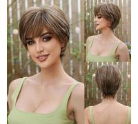 Parrucche sintetiche corte castane con frangia parrucca castana naturale per donne nere e bianche mamma uso quotidiano festa resistente al calore-SS1007-1