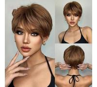 Parrucche sintetiche corte castano scuro, parrucca naturale liscia a strati con frangia soffice per donne, capelli resistenti al calore per tutti i giorni-SS197-1
