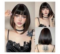 Parrucche Sintetiche Corte Diritte Con Evidenziazione Marrone Scuro Frangia For Le Donne Parrucca For Capelli Bob Quotidiana For Feste Cosplay Fibra Resistente Al Calore Facile Da Indossare