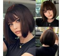 Parrucche sintetiche corte e lisce marroni nere con frangia per donne, parrucche per cosplay quotidiani, fibra naturale resistente al calore-Wig-SS155-1