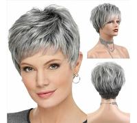 Parrucche sintetiche corte e ricce con taglio pixie per le donne Parrucche grigie corte e graziose Parrucche facili da curare-A1-10 pollici