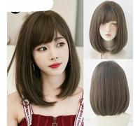 Parrucche sintetiche corte lisce rosa castane Bob con radici scure Parrucche a strati ad alta densità con frangia a tendina-H6135-2