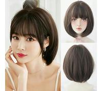 Parrucche sintetiche corte lisce rosa castane Bob con radici scure Parrucche a strati ad alta densità con frangia a tendina-D3108-2