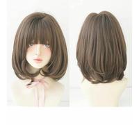 Parrucche sintetiche corte lisce rosa castane Bob con radici scure Parrucche a strati ad alta densità con frangia a tendina-D3107-2