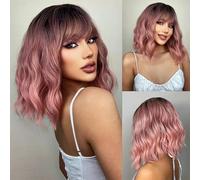 Parrucche sintetiche corte ondulate color e rame con frangia, per cosplay, lolita, afro, quotidiane, naturali, resistenti al calore-LC032-1
