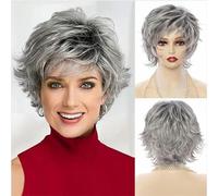 Parrucche sintetiche da donna in fibra resistente al calore, corte e ricce, grigie, soffici, a strati con frangia, grigio, 12 POLLICI