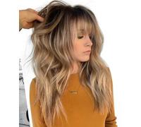 Parrucche sintetiche lunghe e ondulate naturali per le donne Parrucca naturale bionda castana ombré Parrucche per capelli caldi-castano biondo-16 pollici