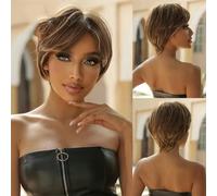 Parrucche sintetiche marrone scuro con taglio corto a pixie Parrucca a strati diritta naturale con frangia soffice per le donne Capelli resistenti al calore quotidiano-SS179-1