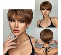 Parrucche sintetiche marrone scuro con taglio corto a pixie Parrucca a strati diritta naturale con frangia soffice per le donne Capelli resistenti al calore quotidiano-SS197-1