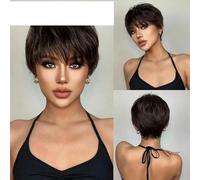Parrucche sintetiche marrone scuro con taglio corto a pixie Parrucca a strati diritta naturale con frangia soffice per le donne Capelli resistenti al calore quotidiano-SS193-1