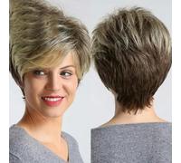 Parrucche sintetiche marrone scuro con taglio corto a pixie Parrucca a strati diritta naturale con frangia soffice per le donne Capelli resistenti al calore quotidiano-SS127-1